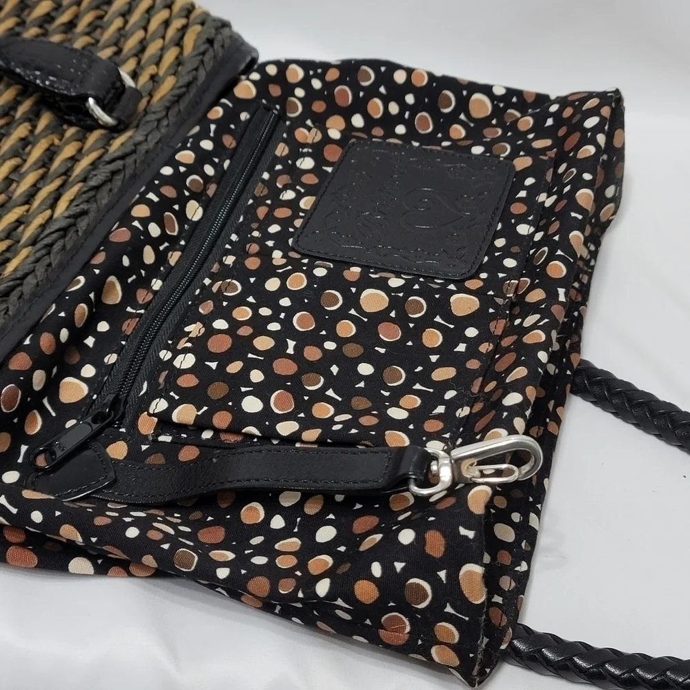 Vintage Brighton Raffia Straw Leather Trim Shoulder Bag - Black & Tan - Picture 11 of 16